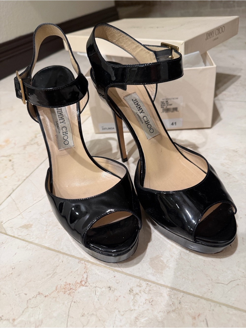 Jimmy Choo Black Patent Leather Peep-Toe Ankle-Strap Stilettos